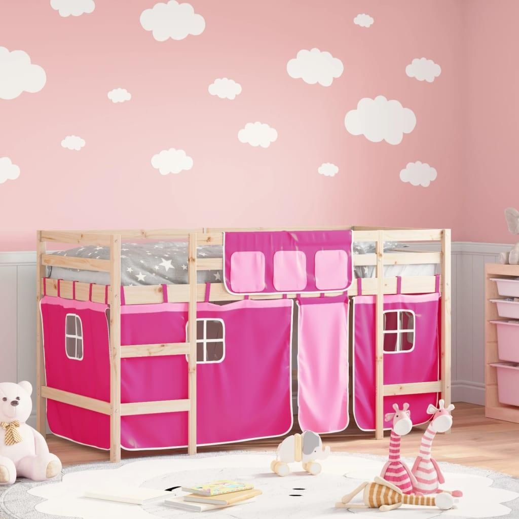 LETTO A SOPPALCO Con Tende Bambini Rosa 90x200 Cm Massello Pino EUR 222