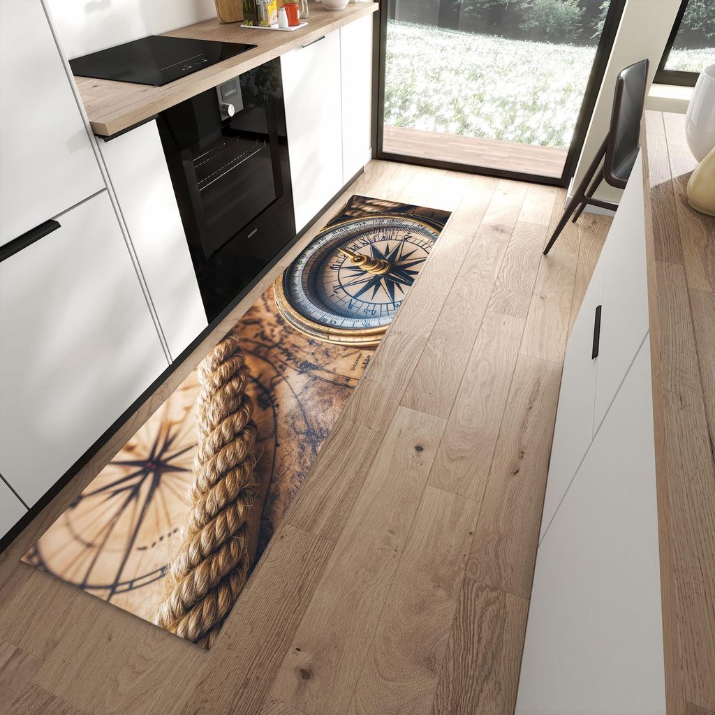 Küchenteppich 60x240cm rutschfest & abwischbar PVC Läufer - Kompass auf Karte