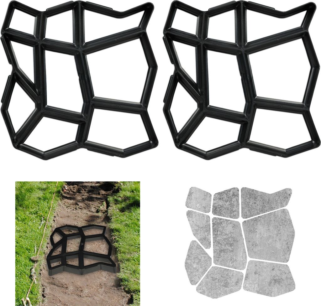Relaxdays Gehwegform 2er Set, DIY Gestaltung von Gartenwegen, zum Selbstgießen, HxBxT: 4x42x42 cm, Kunststoff, schwarz