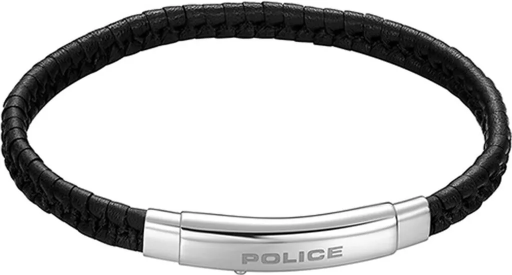 Bracelet Homme Police en Cuir Véritable et Acier Gris Anthracite