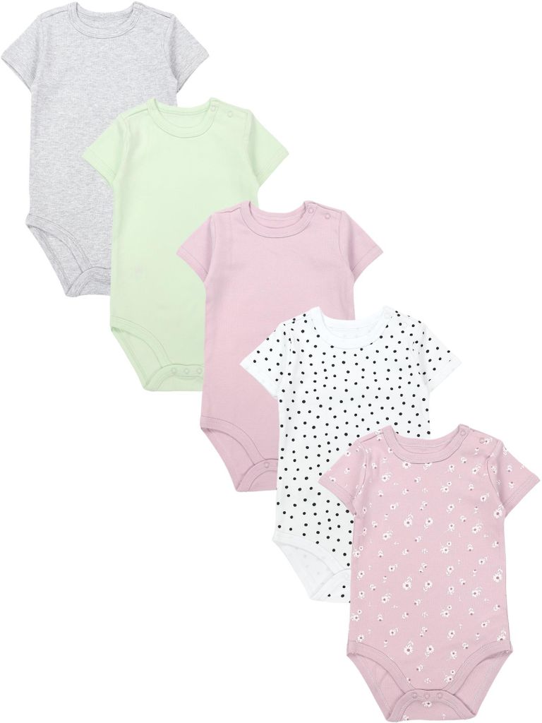 TupTam Baby Body Mädchen 5er Pack – Kurzarm Body Baby aus Baumwolle, Ideal für Sommer und Alltag, Farbe: Pink_Blumen_Punkte_Grau_Grün, Größe...