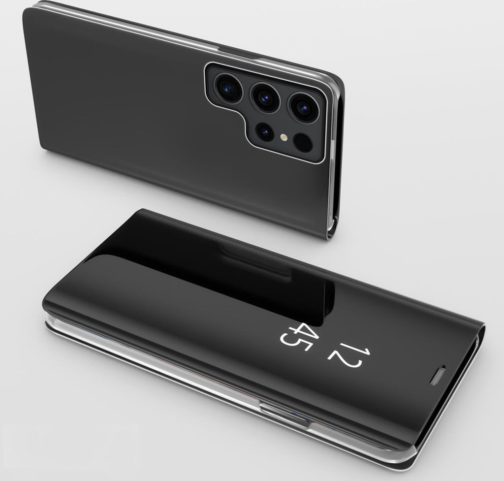 A black smartphone case with a clear view flip cover is shown from two angles against a light gray and white background.