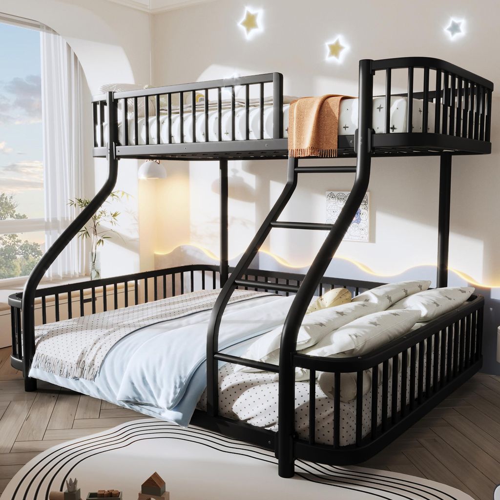 Merax Etagenbett 90x200 und 140x200 cm, Metallrahmen Stockbett, Schutzgitter, Leiter, Hochbett, Kinderbett, Jugendbett, Schwarz