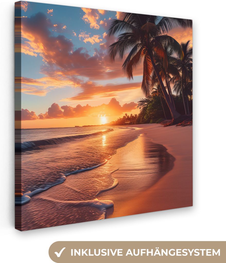 MuchoWow - Leinwandbilder - Sonnenuntergang - Palmen - Meer - Sonne - Strand, Wandbild, Wanddeko Bilder Wohnzimmer, 50x50 cm