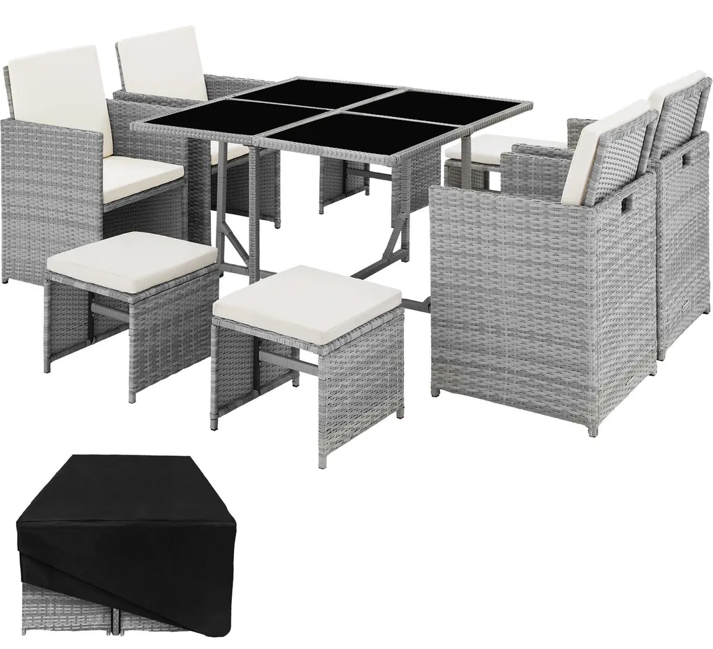 Salon de jardin gris clair 8 places BILBAO résistant aux UV avec housse