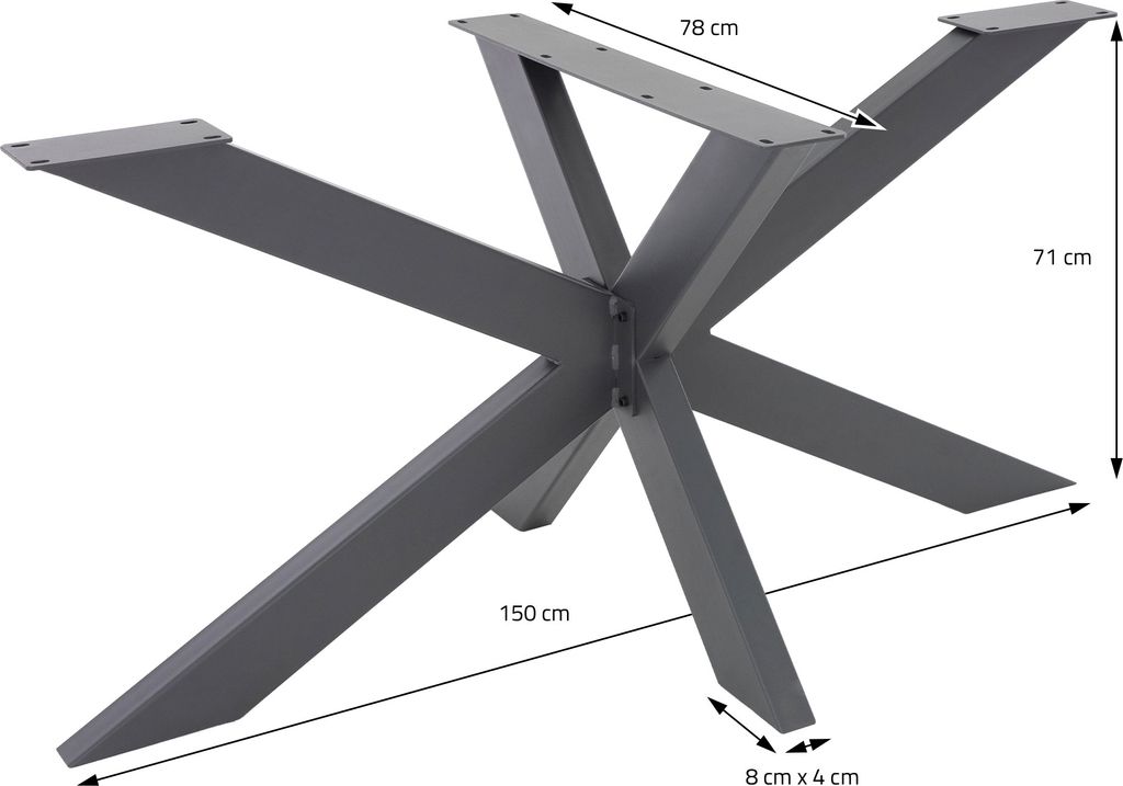 A dark gray metal table base with a spider cross design, shown with dimensions indicated by text and lines.