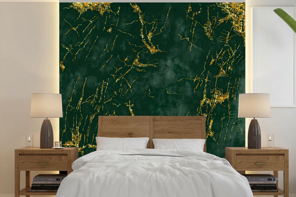 MuchoWow Fototapete für Wohnzimmer oder Schlafzimmer Wandtapete Vinyl Motivtapete Marmor - Smaragd - Gold - 260x260 cm - Papiertapeten