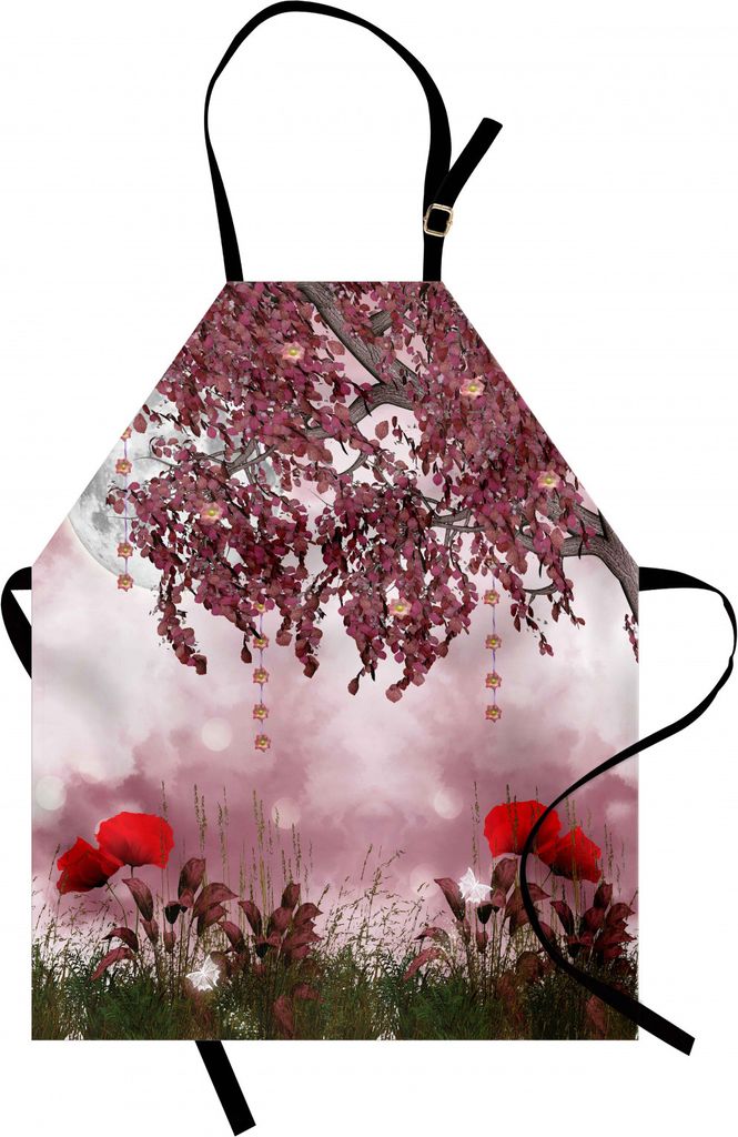 ABAKUHAUS Mohn Kochschürze, Traumgarten mit Mohnblumen Vollmond Floral Tree Branches Märchen Paradies Landschaft, Farbfest Höhenverstellbar Wasc...