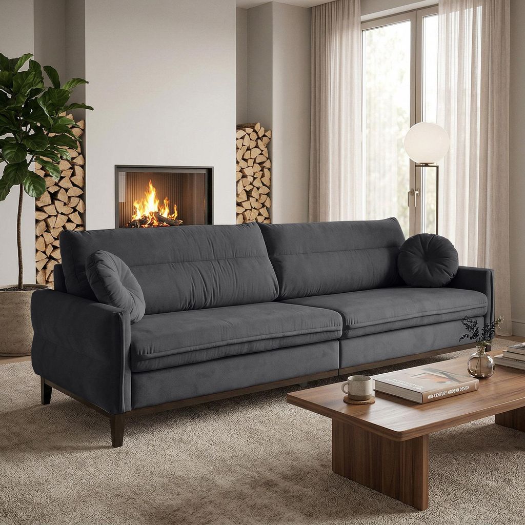 BEAUTYSOFA | Sofa BELLANO - Gepolsterter 3-Sitzer Sofas Loungesofa mit Armlehnen - Veloursstoff in Dunkelgrau mit schwarzen Holzbeinen
