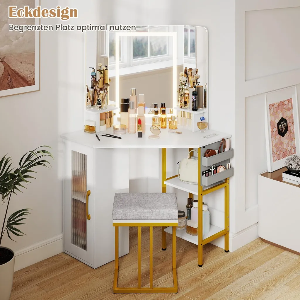 Coiffeuse d'angle COSTWAY avec miroir triple et éclairage LED intégré - 8
