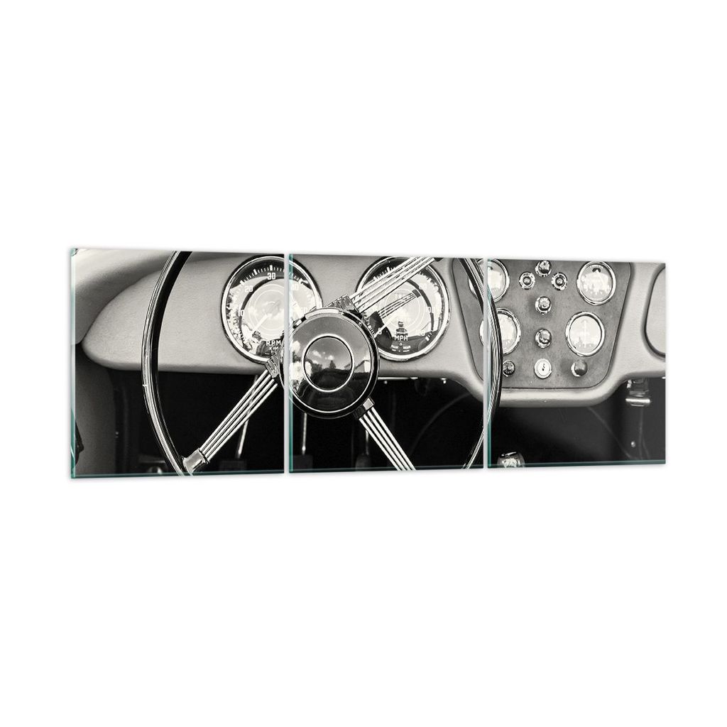 Bilder auf glas - 3 Teile - Lenkrad Auto Vintage - 150x50cm - Glasbilder - Wandbilder - Bilder - zum Aufhängen bereit - Wanddekoration aus Glas - ...