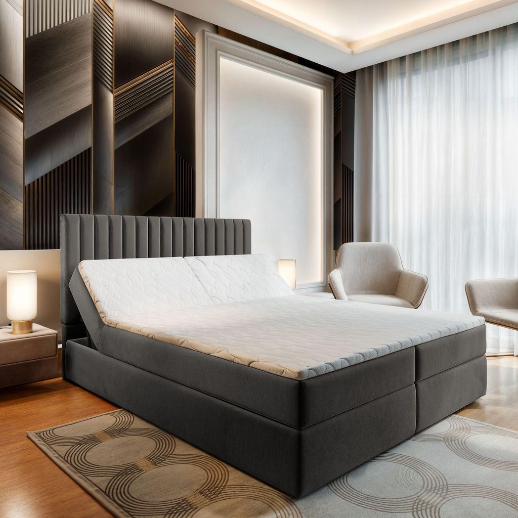 Masseno Boxspringbett MURLO 180x200 cm Komplett-Set mit Bonell Matratze und Topper, Polsterbett mit Bettkästen -Grau, PAROS 06