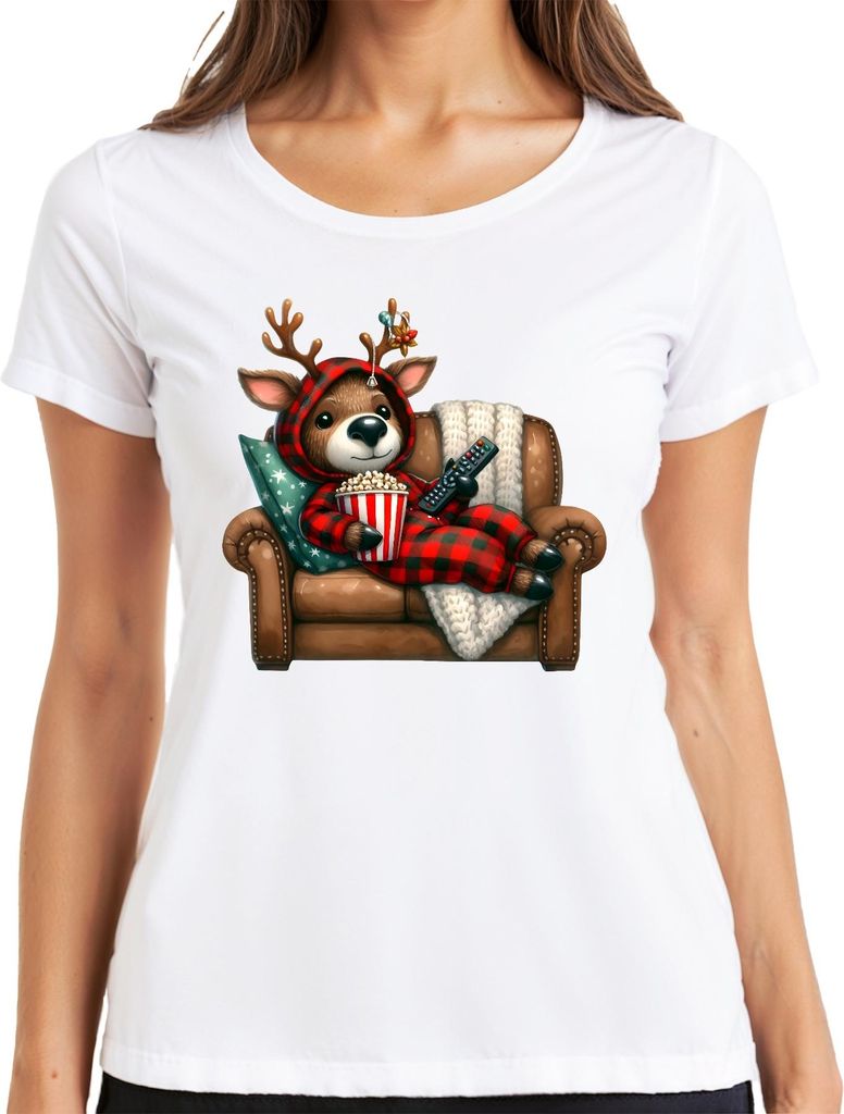 Weihnachtsrentier Kuschelig Popcorn Sofa Filmabend Geschenk Damen T-Shirt, Weiß, L