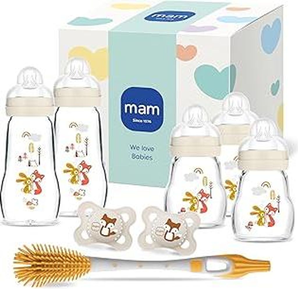 MAM Feel Good Glass Bottle Premium-Set | 0+ Mon | Babyflaschen-Set für Neugeborene | 94% Akzeptanz | stillfreundlich | 5 Glasflaschen & 2 Original...