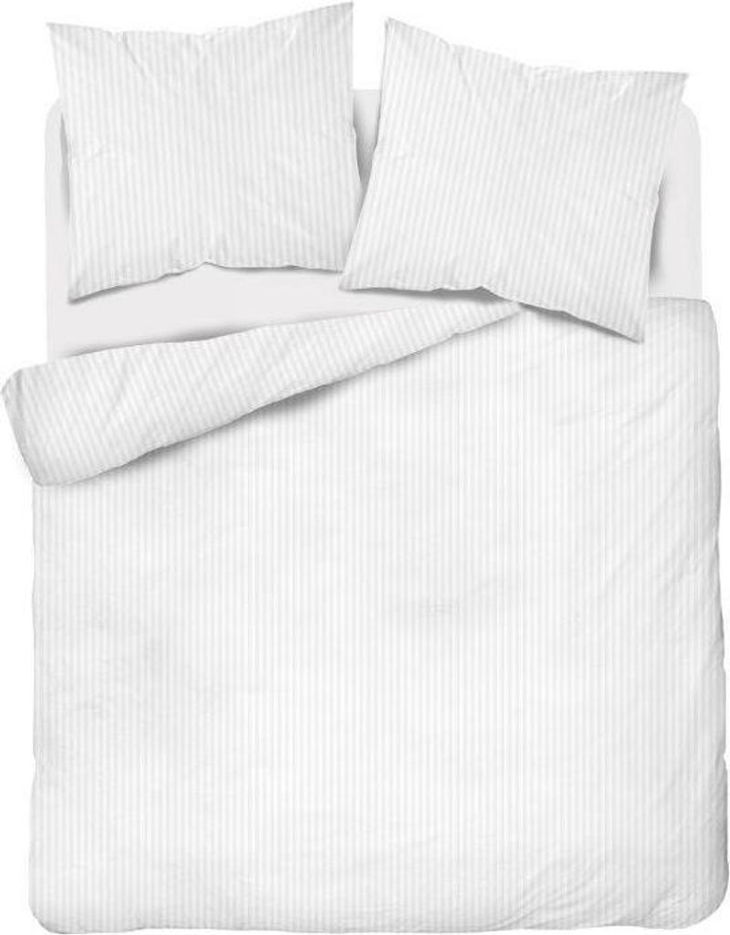 A top-down view of a white duvet and two pillows with thin vertical stripes.