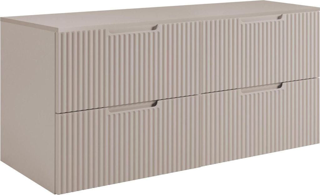 A beige bathroom vanity cabinet with two drawers is shown against a white background.