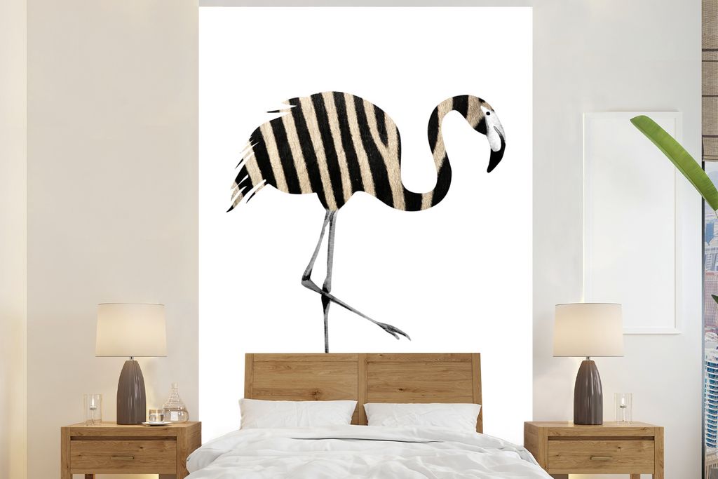 MuchoWow Fototapete für Wohnzimmer oder Schlafzimmer Wandtapete Vinyl Motivtapete Flamingo - Zebra - Schwarz und weiß - 180x280 cm - Wallpaper