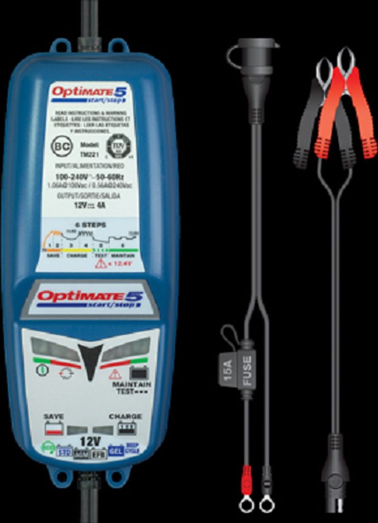 A blue battery charger and its accessories are displayed against a black background.