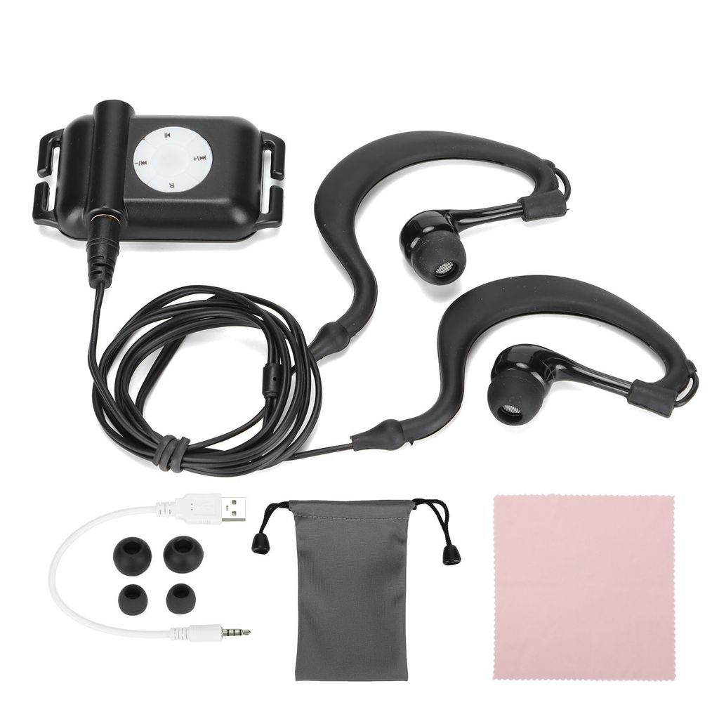 A collection of items including an MP3 player, headphones, charging cable, ear tips, a carrying pouch, and a cleaning cloth, laid out on a white background.