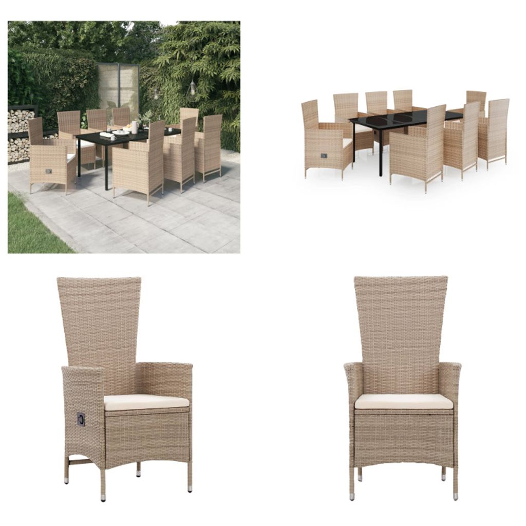vidaXL 9 tlg. Garten Essgruppe mit Auflagen Beige - Garten Essgruppe - Garten Essgruppen - Gartenmöbel Set - Garten Möbelset