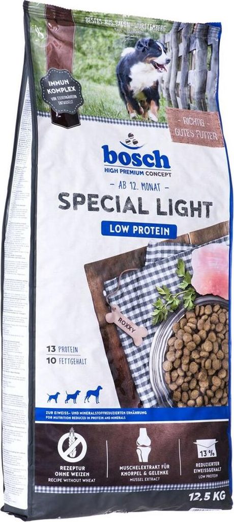 A bag of Bosch Special Light dog food.