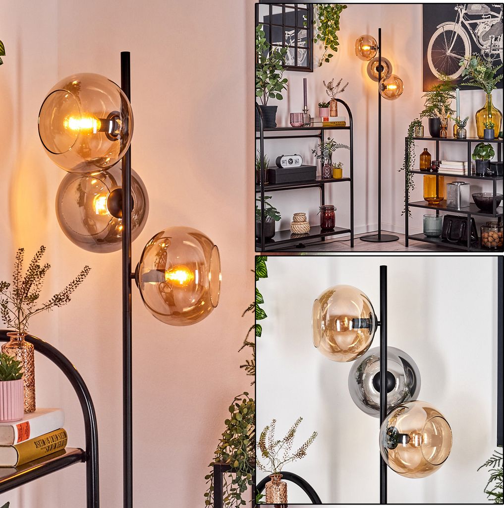 Carrone Stehlampe aus Metall/Glas in Schwarz/Rauch/Bernstein mit Fußschalter