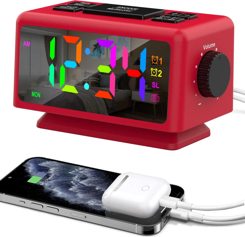 Réveil lumineux 7 couleurs avec double chargeur USB et écran 5 pouces