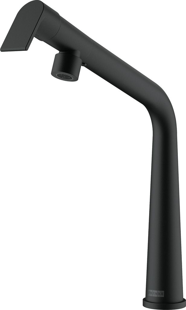 A black kitchen faucet with a swiveling spout.
