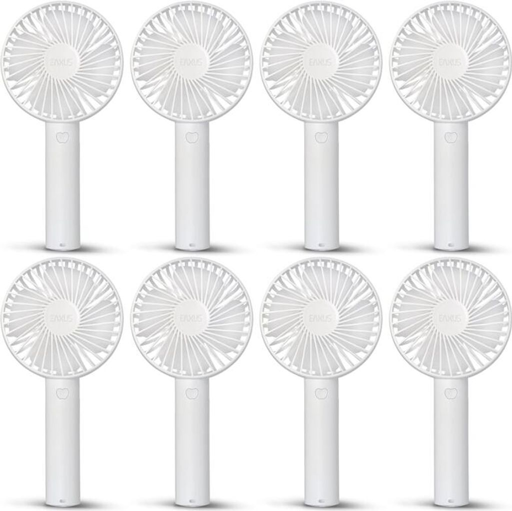 Eaxus Mini Handventilatoren airX 800 mAh 8er-Set mit 3 Geschwindigkeiten, wiederaufladbarem Akku, inkl. USB-C-Ladekabel + Standfuß, weiß