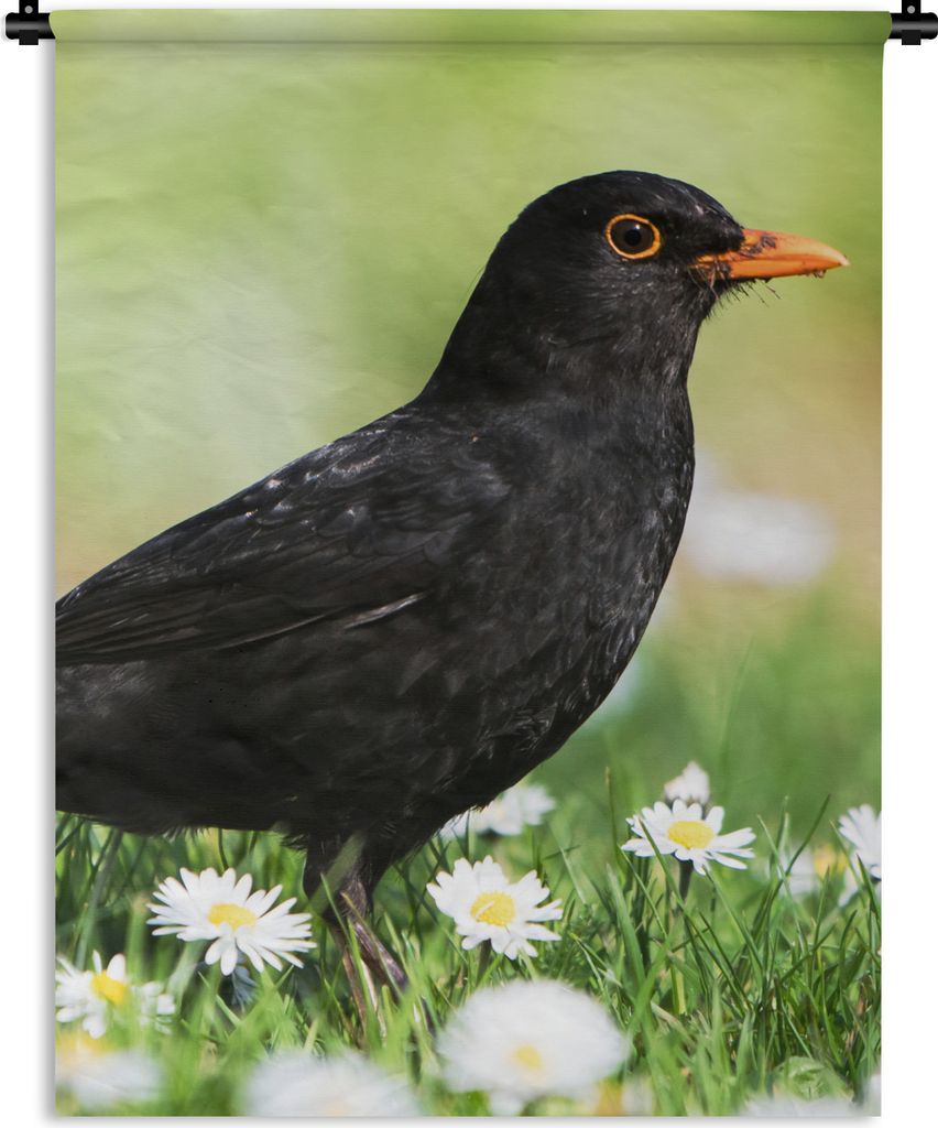 MuchoWow Wandteppich Wandbehang Vogel - Amsel - Blumen 120x160 cm Tapisserie Dekoration Wandtuch - Wohnzimmer - Moderne