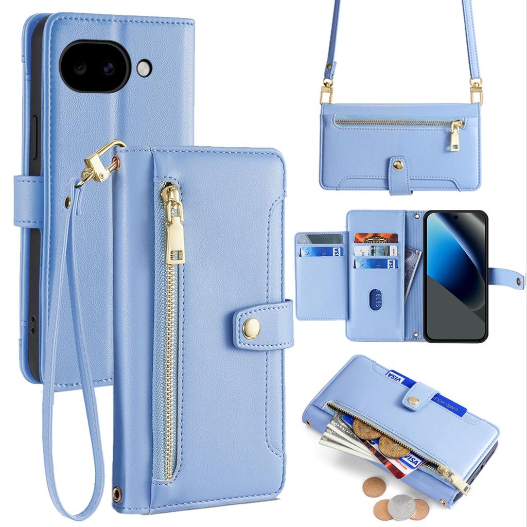Handykette Google Pixel 10A Hülle mit Band Handyhülle Kartenfächer Kunstleder Umhängetasche in Hellblau