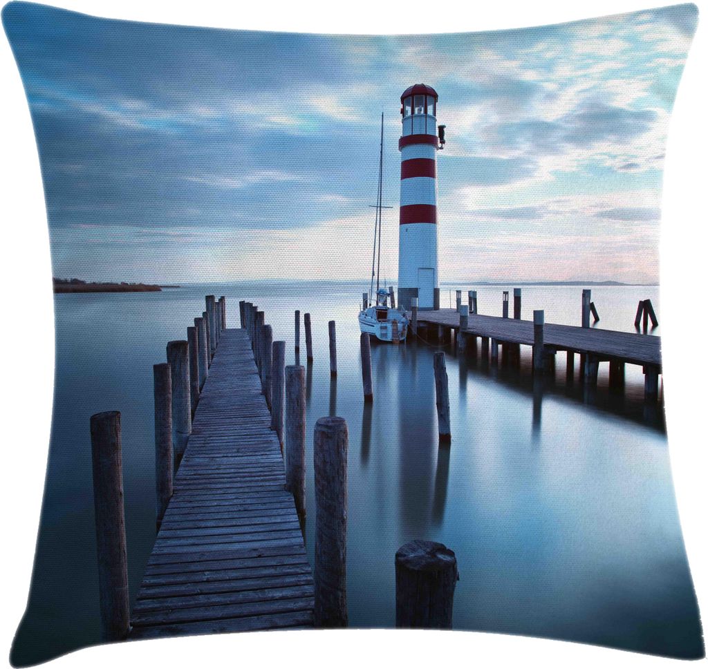 ABAKUHAUS maritim Kissenbezug, Ruhiges Meer Bei Dem Sonnenaufgang Holz Rustikal Pier Und Leuchtturm Bild, 45 x 45 cm, Dunkelbraun Blaugrau