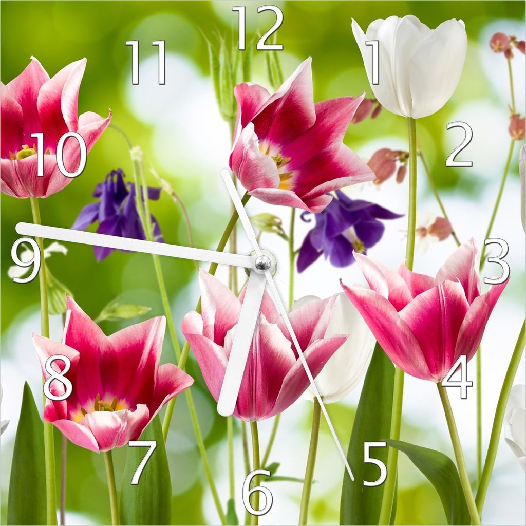 Wallario Design Wanduhr Blühende Blumen im Frühling in pink und weiß aus Echtglas, Größe 20 x 20 cm