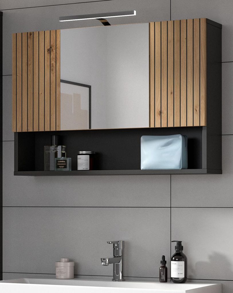 Badezimmer Spiegelschrank "Livia" in Artisan Eiche und grau Badschrank 3-türig 80 x 55 cm