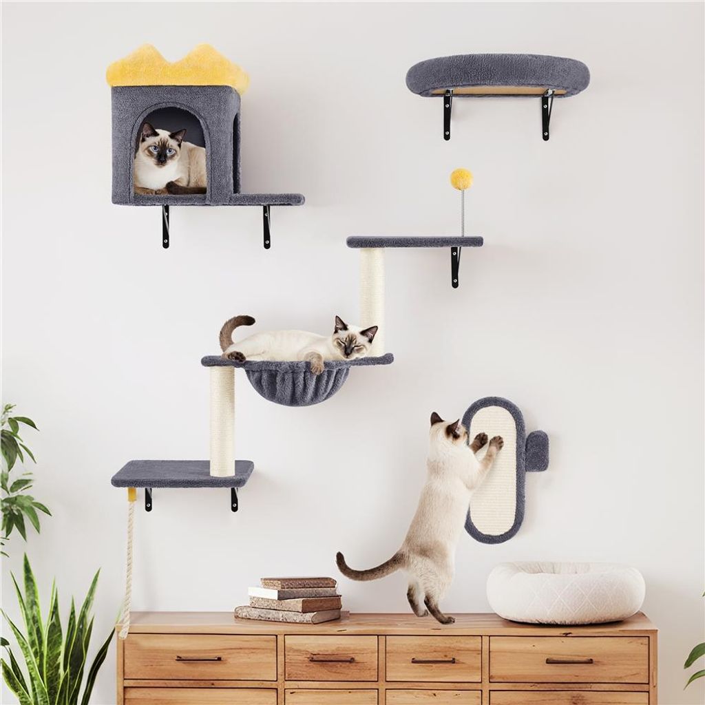 Yaheetech Katzen Kletterwand, 4er Set, inkl. Katzenhöhle Katzenliege Plattformen Kratzbrett & Katzenkorb, Dunkelgrau