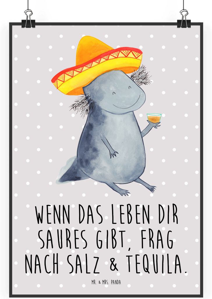 Mr. & Mrs. Panda Bild Axolotl Tequila DIN A1 - Grau Pastell - Geschenk, Urlaub, Schwanzlurch, Kunstdruck, trinken, Party, drucke, Mexico, wandkunst...