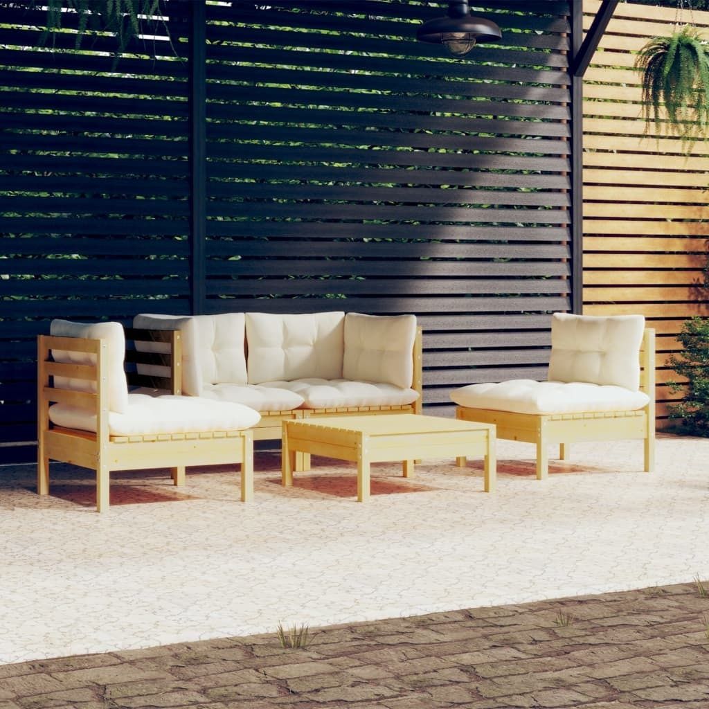 ZMH 5-tlg. Garten-Lounge-Set mit Creme Kissen Kiefer Massivholz