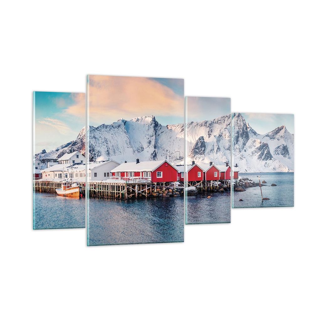 Bilder auf glas - 4 Teile - Lofoten Dorf Angeln - 120x70cm - Glasbilder - Wandbilder - Bilder - zum Aufhängen bereit - Wanddekoration aus Glas - G...