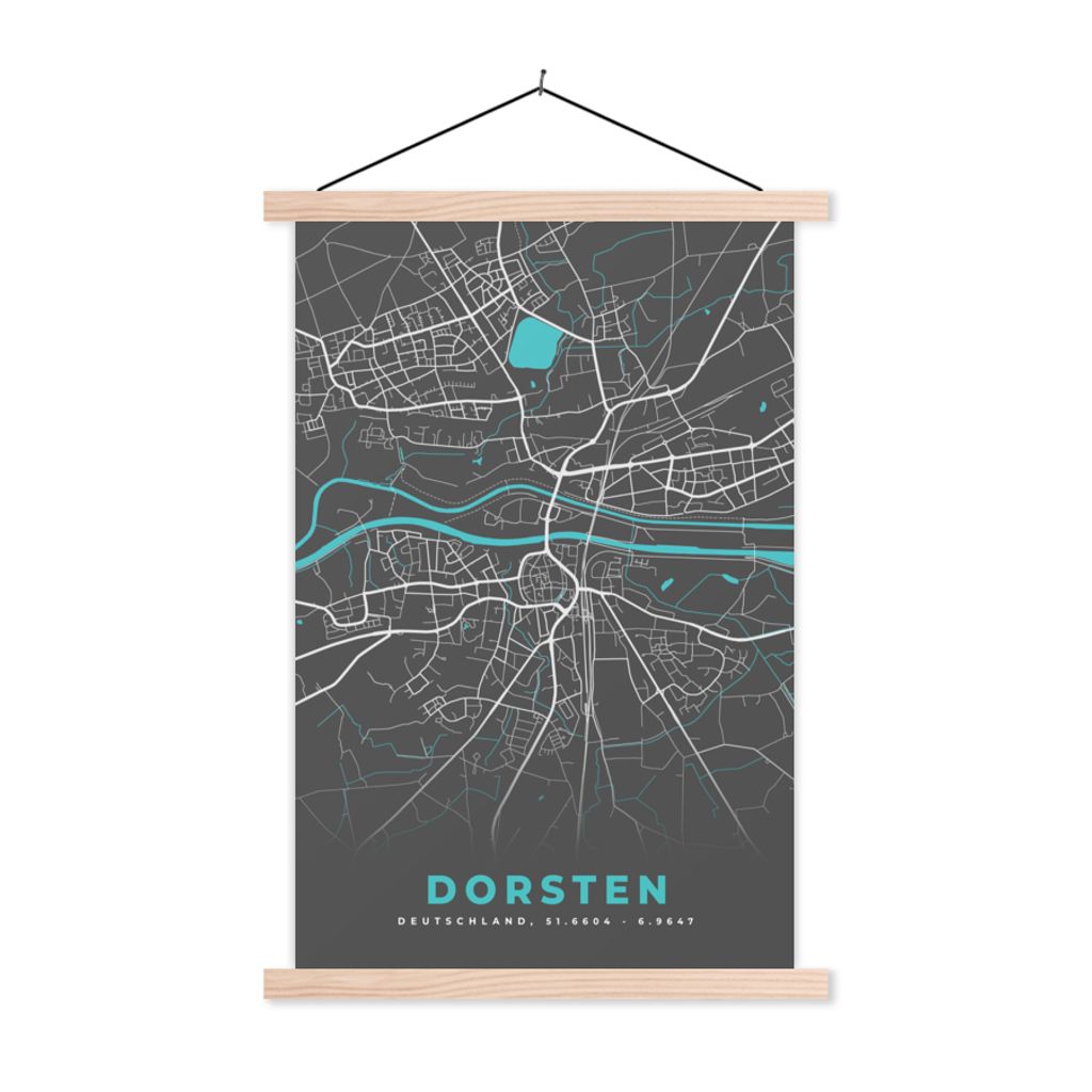 MuchoWow Textilposter Blau - Deutschland - Karte - Stadtplan - Dorsten 120x180 cm mit holzfarbenen Rahmen - Textil-Plakat