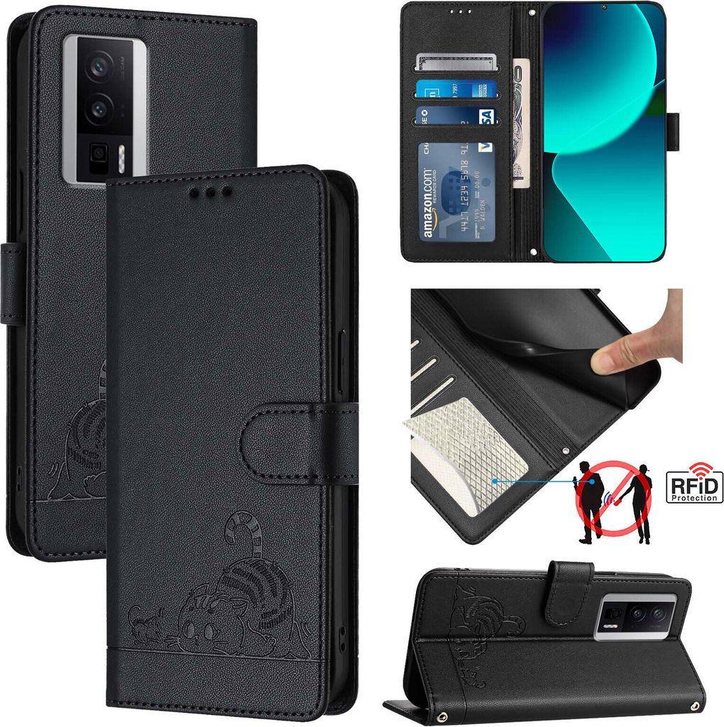 Leder Hülle für Xiaomi Poco F5 Pro/Redmi K60/K60 Pro Süße Katze Flip Case Brieftasche Schutzhülle mit Standfunktion Schwarz