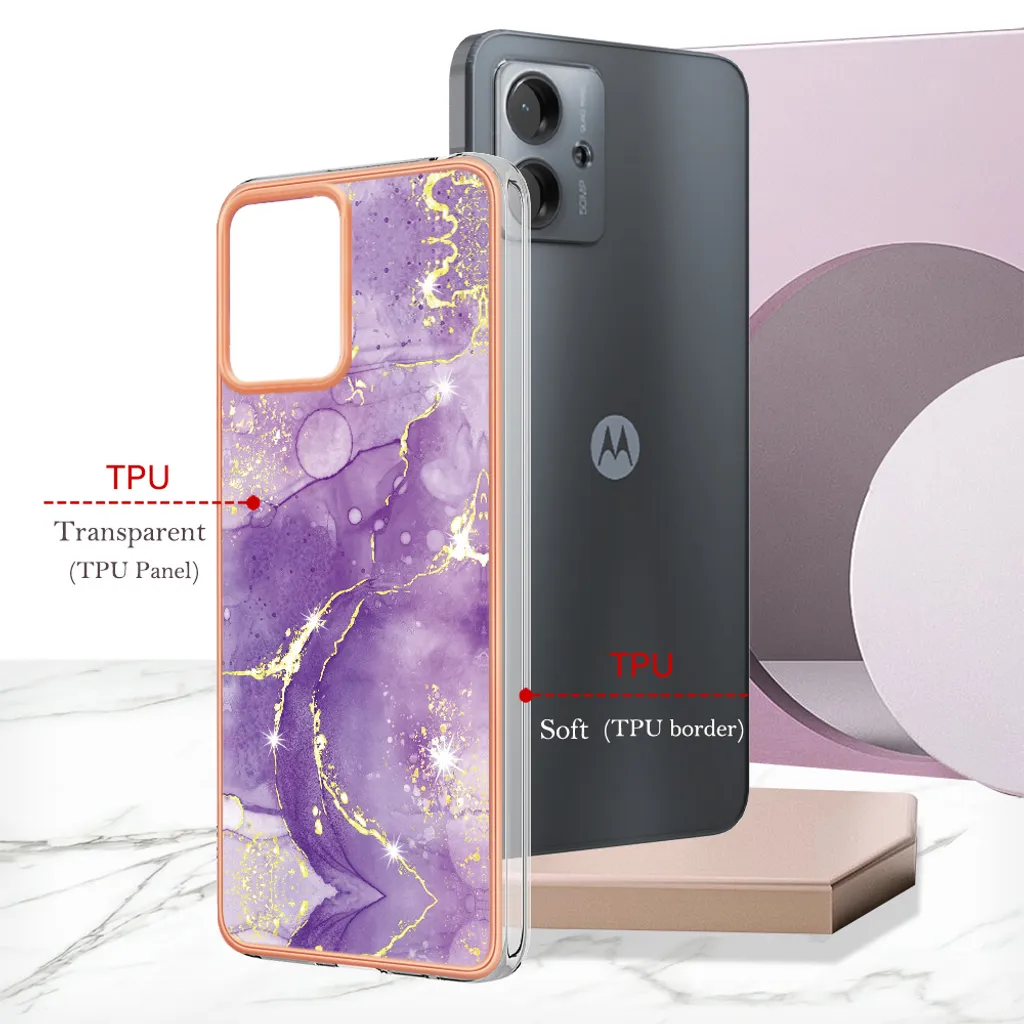 Cover Per Motorola Moto G14 Effetto Marmo Glitter Con Antiurto TPU - Custodia Morbida E Sottile, Antimpronta, Viola Chiaro, Regalo Donna
