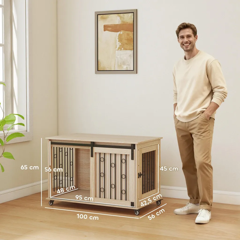 Cage Chien Robuste 100cm - Table d'appoint Verrouillable en Bois Chêne