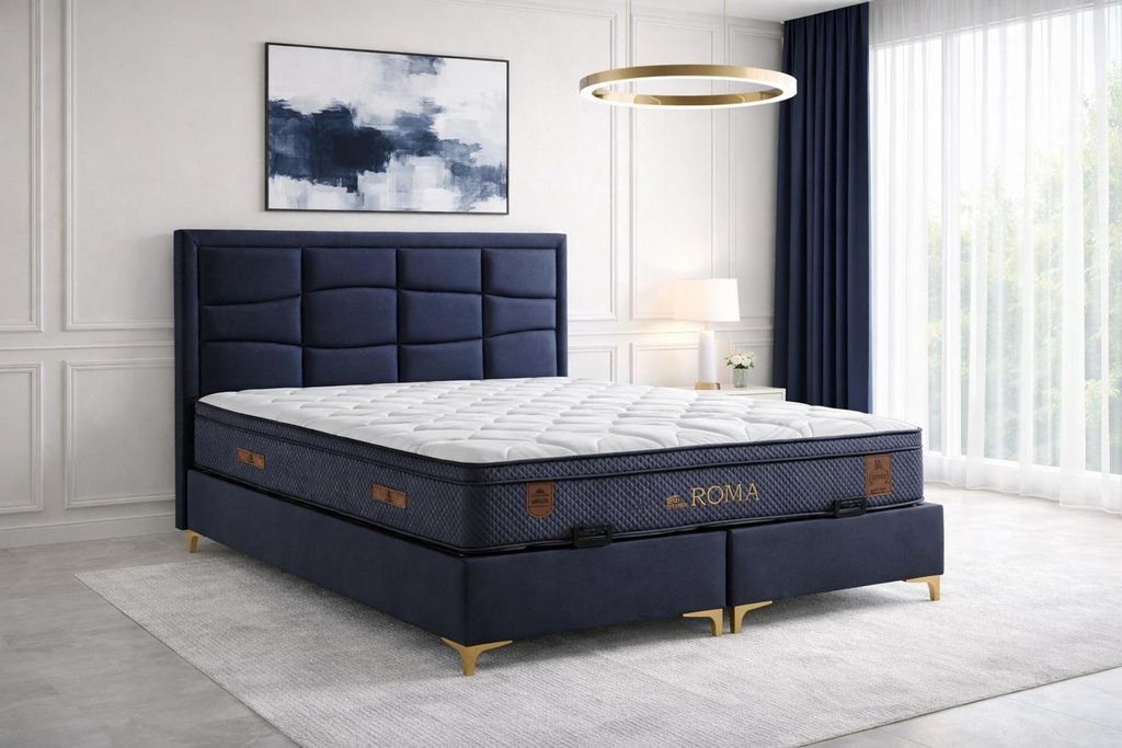 Bett mit Matratze Moderner Stil Blau Stoffbezug Bett mit Stauraum