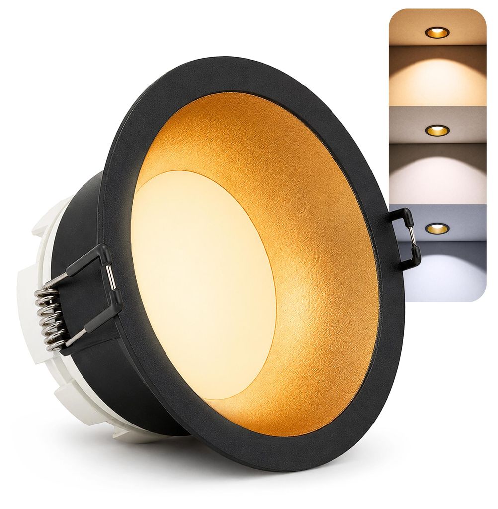 SSC-LUXon GEXIA Einbauspot schwarz gold Ø 110mm inkl. LED Birne 6W dimmbar 230V - Design Deckenspot 3in1 für Küche Flur Wohnzimmer