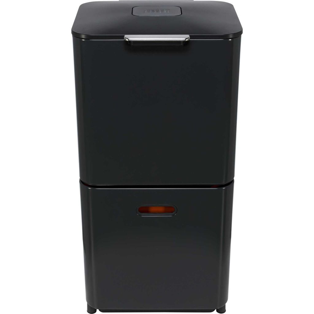 A dark grey, two-tiered waste bin with a silver handle on the top lid and an orange accent on the lower drawer.