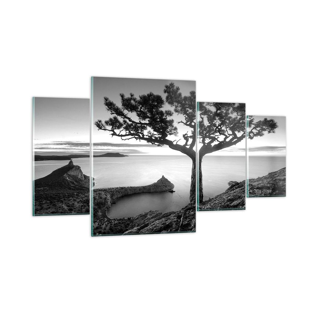 Bilder auf glas - 4 Teile - Baum Schwarzweiß Ansicht - 160x90cm - Glasbilder - Wandbilder - Bilder - zum Aufhängen bereit - Wanddekoration aus Gl...