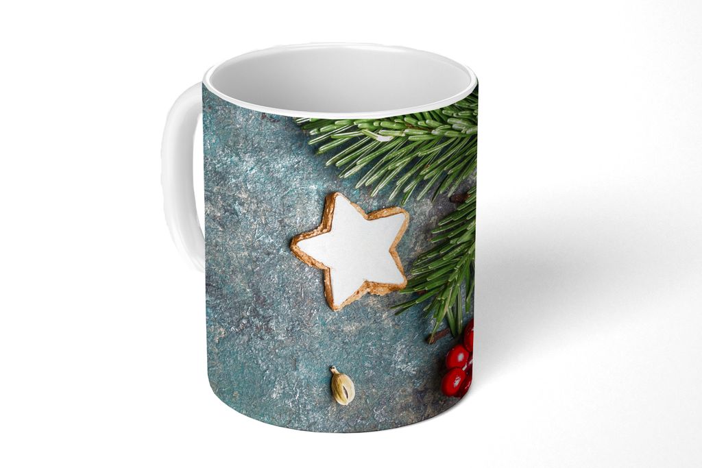 KitchenYeah Tasse Kaffeetasse Kaffeebecher 350 ml Weihnachten - Rustikal - Zweige - Sternanis - Beeren - Rot Teetasse - Fototasse - Becher - Kera...