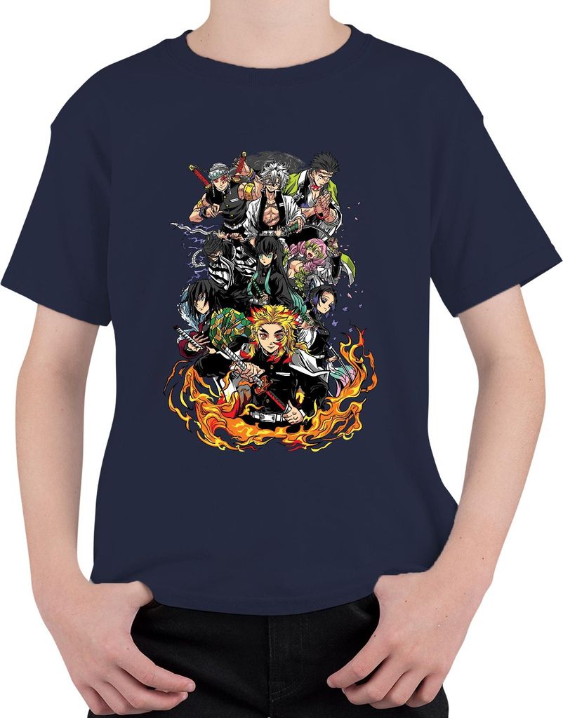 Demon Slayer Rengoku Tanjiro Nezuko Gruppe Feuer Anime Vintage Uni Kinder T-Shirt, Navy, 152
