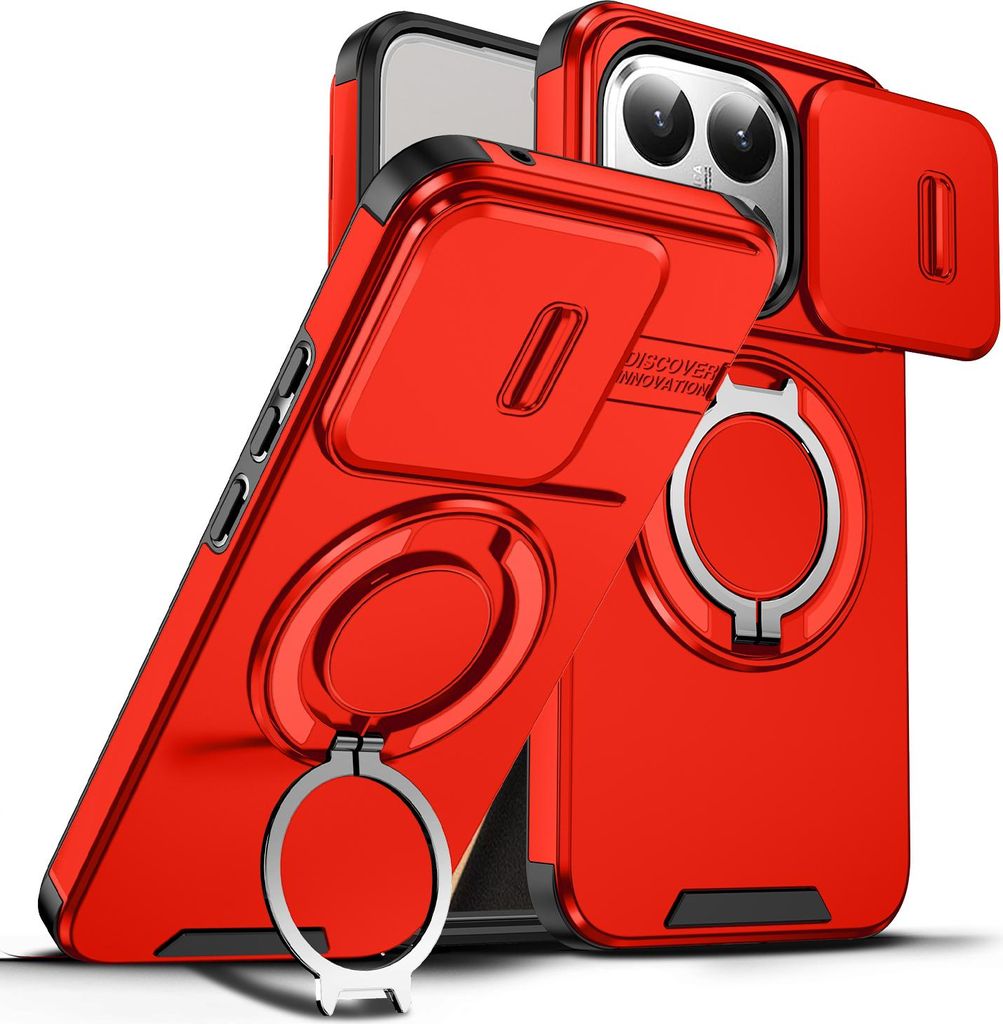 Handyhülle für Xiaomi 15T Dual-Layer Stoßfest Militär Hülle mit Dia Kameraschutz und Magnetisch Ring Ständer Rot