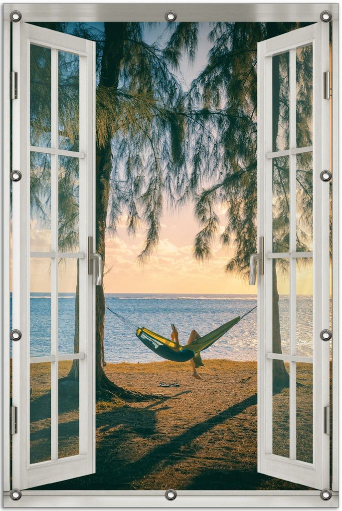 Wallario Outdoor-Poster für Garten oder Balkon 80 x 120 cm: Chillout - Hängematte am Meer